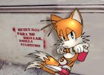  2022 anthro canid canine classic_sonic_(universe) clothing footwear fox fur gloves handwear kayllacat looking_at_viewer male mammal miles_prower multi_tail photo_background sega shoes solo sonic_the_hedgehog_(series) spanish_text spray_can text translation_request yellow_body yellow_fur 
