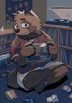  2022 anthro biped black_nose bottomwear brown_body canid canine clothing detailed_background hi_res humanoid_hands inside kemono male mammal raccoon_dog shirt shorts sitting solo tanuki topwear vetiver_n 