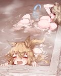  2girls :d animal_ears arknights arm_up bangs bath bathing blue_tail blush breasts brown_hair ceobe_(arknights) closed_eyes commentary_request dog_ears dog_girl dog_tail eyebrows_visible_through_hair fang hand_on_own_head highres hourai_kochou huge_breasts knees_to_chest long_hair medium_hair multiple_girls nude open_mouth partial_commentary partially_submerged purple_eyes sideways_glance sitting smile tail utage_(arknights) water water_drop wet wet_hair wet_tail 