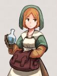  1girl bag chemist_(fft) final_fantasy final_fantasy_tactics gloves grey_background highres hood orange_hair potion searching simple_background solo yan_pai 