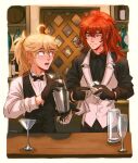  2boys aether_(genshin_impact) ahoge alcohol alternate_costume bar bartender black_bow black_bowtie black_gloves black_necktie black_shirt black_vest blonde_hair bottle bow bowtie chalseu cocktail_glass cocktail_shaker cup diluc_(genshin_impact) drinking_glass genshin_impact gloves high_ponytail highres indoors long_hair long_sleeves looking_at_another male_focus multiple_boys necktie official_alternate_hairstyle open_mouth red_eyes red_hair shaking shirt smile vest white_vest wine_bottle yellow_eyes 