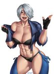  1girl abs angel_(kof) bikini blue_eyes breasts hair_over_one_eye highres jacket_pull large_breasts mootium muscular muscular_female smile swimsuit the_king_of_fighters the_king_of_fighters_xv underwear white_hair 