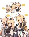  3girls ;d ^_^ absurdres age_progression alternate_costume animal_ear_fluff animal_ears arknights aunt_and_niece bangs black_gloves black_headwear blemishine_(arknights) blonde_hair breasts chibi closed_eyes eyebrows_visible_through_hair gloves hand_up highres kyou_039 long_hair multiple_girls nearl_(arknights) nearl_the_radiant_knight_(arknights) official_alternate_costume one_eye_closed open_mouth siblings simple_background sisters small_breasts smile upper_body whislash_(arknights) white_background yellow_eyes younger 