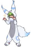  5_fingers absurd_res alpha_channel ambiguous_gender blue_body blue_fur clothed clothing eeveelution elf fingers fur green_eyes green_hair hair hi_res humanoid kigurumi nintendo open_mouth pok&eacute;mon pok&eacute;mon_(species) rawr simple_background slippers solo teeth transparent_background umbreon unknown_artist video_games white_body white_fur 