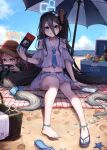  2girls absurdly_long_hair absurdres adapted_costume arisu_(blue_archive) basket beach black_hair blue_archive blue_necktie bow cloud cloudy_sky cooler hair_bow hair_ornament halo hat highres kokukyukeo long_hair multiple_girls nail_polish navel necktie nintendo_switch ocean playing_games red_hair sand sandals shell sky smile star_(symbol) star_hair_ornament starfish swimsuit umbrella very_long_hair yuzu_(blue_archive) 