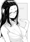  1girl blush breasts cleavage commentary_request dated glasses grey_background greyscale highres hot kichihachi large_breasts long_hair looking_at_viewer mole mole_under_mouth monochrome original simple_background solo sweat twitter_username two-tone_background upper_body white_background 