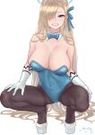  1girl asuna_(blue_archive) asuna_(bunny)_(blue_archive) blonde_hair blue_archive blue_eyes bow bowtie breasts covered_navel detached_collar gloves hair_bow hair_over_one_eye hand_on_own_knee high_heels highres large_breasts long_hair looking_at_viewer pantyhose platform_footwear platform_heels signature simple_background smile solo spread_legs squatting suna white_background 