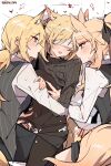  3girls animal_ear_fluff animal_ears arknights arrow_(symbol) aunt_and_niece bar_censor black_bodysuit black_sweater blemishine_(arknights) blindfold blonde_hair bodysuit censored commentary cum cum_on_legs cum_string eyebrows_visible_through_hair fff_threesome futa_with_female futanari group_incest group_sex heart highres horse_ears horse_girl horse_tail incest kyou_039 long_hair long_sleeves multiple_girls multiple_penises navel nearl_(arknights) panties panties_under_bodysuit penis saliva siblings sisters sweat sweater tail threesome tongue tongue_out twitter_username underwear whislash_(arknights) 
