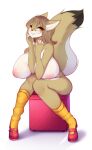  2022 amber_eyes anthro big_breasts breast_squish breasts brown_nose canid canine canis cheyenne_(inu-dono) clothing countershade_torso countershading coyote digital_media_(artwork) dipstick_tail eyewear female fluffy fluffy_tail footwear fur glasses hair hi_res huge_breasts inner_ear_fluff inverted_nipples laincora long_hair mammal markings mostly_nude nipples pink_nipples raised_tail simple_background sitting smile socks solo squish tail_markings tan_body tan_fur tan_hair tuft white_background 
