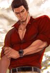  1boy aomi_nekosuki birthday black_hair facial_hair goatee happy_birthday highres kiryuu_kazuma male_focus manly pectoral_cleavage pectorals perspective red_shirt red_theme ryuu_ga_gotoku shirt short_hair simple_background sleeves_rolled_up solo sunlight upper_body watch wristwatch 