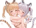 2girls ;&lt; @_@ animal_ear_fluff animal_ears animal_hands bai_(granblue_fantasy) blonde_hair blush breast_press breasts cidala_(granblue_fantasy) closed_mouth from_side gloves granblue_fantasy grey_hair heart heart-shaped_pupils highres huang_(granblue_fantasy) hug kimblee looking_at_viewer looking_to_the_side multiple_girls open_mouth paw_gloves small_breasts symbol-shaped_pupils symmetrical_docking tail tiger_ears tiger_girl tiger_tail twintails upper_body 