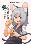  1girl absurdres animal_ears bangs between_fingers blush coin commentary_request cover cover_page cowboy_shot crystal doujin_cover eyebrows_visible_through_hair flat_chest greenpiecerice grey_hair grey_skirt grey_vest hair_between_eyes highres holding holding_coin jewelry long_sleeves looking_at_viewer mouse_ears mouse_girl mouse_tail nazrin open_mouth pendant red_eyes shirt short_hair simple_background skirt smile solo tail touhou translation_request vest white_background white_shirt 