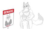  anthro big_breasts boob_hat breasts canid canine claws clothing digital_media_(artwork) duo ear_piercing ear_ring english_text eye_patch eyewear female fox fur hair hand_on_hip human larger_female looking_at_viewer male mammal mangakitsune2 monochrome nude piercing sign size_difference smaller_male smile text text_on_sign 