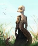  ambient_bird anthro avian bald bird breasts butt clothed clothing devergilia dress female human looking_back mammal mid_transformation pangolin plant rear_view scales sky smile solo 
