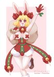  anthro blonde_hair carrot_(one_piece) christmas christmas_clothing clothing female fur hair happy hi_res holidays inosagi lagomorph leporid mammal one_piece rabbit red_ribbon ribbons solo white_body white_fur 