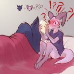  absurd_res bed blush bodily_fluids bottomless canid canine canis clothed clothing duo egg egg_from_pussy female furniture genital_fluids hi_res interspecies jarnqk kobold lya_(jarnqk) male male/female mammal nervous oviposition partially_clothed pussy_juice shaking shivering shocked sitting sleeping wolf 