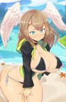 1girl ass bangs beach bikini black_choker black_jacket blue_eyes breasts choker cleavage eunie_(xenoblade) eyebrows_visible_through_hair head_wings highres hood jacket jellcaps large_breasts long_hair long_sleeves looking_at_viewer ocean open_clothes open_jacket seashell shell sky solo starfish swimsuit thighs white_wings wings xenoblade_chronicles_(series) xenoblade_chronicles_3 