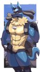  2022 abs absurd_res anthro biped blue_body blue_fur chest_spike digital_drawing_(artwork) digital_media_(artwork) fur hi_res humanoid lucario male multicolored_body multicolored_fur muscular muscular_anthro muscular_male neck_tuft nintendo nipples pecs pok&eacute;mon pok&eacute;mon_(species) pose red_eyes shaded signature solo spikes spikes_(anatomy) standing tuft vanadiumvalor video_games yellow_body yellow_fur 