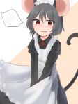  1girl alternate_costume animal_ears apron bangs black_dress blush commentary_request cowboy_shot dakuazu dress enmaided eyebrows_visible_through_hair flat_chest grey_hair highres looking_at_viewer maid maid_apron maid_headdress mouse_ears mouse_girl mouse_tail nazrin neck_ribbon open_mouth red_eyes red_ribbon ribbon short_hair solo spoken_blush tail touhou white_apron 