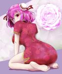  1girl barefoot blush breasts bun_cover china_dress chinese_clothes commentary_request double_bun dress floral_print flower hair_between_eyes hair_bun highres ibaraki_kasen kisaragi_koushi large_breasts looking_at_viewer looking_back nose_blush pink_eyes pink_flower pink_hair pink_rose print_dress red_dress rose short_dress short_hair short_sleeves solo touhou 