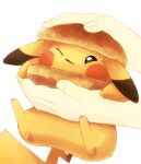  1other bread_bun bright_pupils brown_eyes commentary_request highres holding misonikomiii one_eye_closed pikachu pokemon pokemon_(creature) squash twitter_username white_background white_pupils 