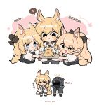  ! 1other 3girls :d :t alternate_costume animal_ear_fluff animal_ears arknights aunt_and_niece black_footwear black_jacket black_pants black_shorts blemishine_(arknights) blonde_hair blue_eyes blush brown_hair chibi closed_mouth clothes_writing collared_shirt commentary_request cropped_torso doctor_(arknights) eating english_text happy_birthday highres holding holding_tray hood hood_up hooded_jacket horse_ears horse_girl horse_tail jacket kyou_039 long_sleeves multiple_girls nearl_(arknights) notice_lines open_clothes open_shirt outstretched_arms pants pink_background ponytail shirt shoes short_eyebrows short_shorts shorts siblings sisters smile spoken_exclamation_mark star_(symbol) tail thick_eyebrows translated tray twitter_username two-tone_background upper_body whislash_(arknights) white_background white_shirt yellow_eyes 
