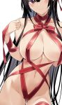  1girl ass_visible_through_thighs backpack bag black_hair blush breasts closed_mouth collarbone groin haitekudasai_takamine-san head_out_of_frame hiiragi_yuuichi large_breasts long_hair navel original purple_eyes randoseru red_ribbon ribbon simple_background solo stomach straight_hair takamine_takane very_long_hair white_background 