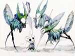  black_eyes bug cloak funeralll_black grey_cloak highres hollow_eyes hollow_knight knight_(hollow_knight) looking_down looking_up mantis_lord_(hollow_knight) mask no_humans painting_(medium) shadow simple_background standing symbol-only_commentary traditional_media watercolor_(medium) weapon 