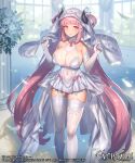  1girl artist_name bangs bare_shoulders breasts bridal_veil closed_mouth commentary_request company_connection copyright_name covered_navel cuboon dress elbow_gloves evertale flower gloves halterneck hands_up highres holding horns indoors large_breasts lips logo long_hair looking_at_viewer official_art overskirt pink_eyes pink_hair see-through shadow shiny shiny_clothes shiny_hair shiny_skin simple_background sleeveless smile solo standing thighhighs veil wedding_dress white_dress white_gloves white_legwear window zettai_ryouiki 