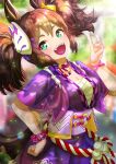  blue_eyes blurry blurry_background breasts brown_hair cleavage collarbone commentary_request festival fox_shadow_puppet hair_between_eyes hair_ornament highres horse_girl inari_one_(umamusume) japanese_clothes large_breasts long_hair looking_at_viewer otono_(bkt4b) sarashi umamusume 