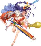  2girls altina bangs beach_umbrella blue_eyes blue_hair bracelet breasts capelet cleavage edelgard_von_hresvelg eyebrows_visible_through_hair fire_emblem fire_emblem:_radiant_dawn fire_emblem:_three_houses fire_emblem_heroes flower food fruit gold_trim hair_flower hair_ornament halterneck hat hibiscus highleg highleg_swimsuit highres holding jewelry kakage long_hair low-tied_long_hair medium_breasts multiple_girls necklace non-web_source official_art parted_bangs purple_eyes red_swimsuit sarong see-through shiny shiny_skin swimsuit thighs toes transparent_background umbrella very_long_hair watermelon white_hair 