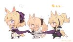  3girls :d animal_ear_fluff arknights armored_boots aunt_and_niece black_bow black_dress black_gloves blemishine_(arknights) blonde_hair blue_eyes blush boots bow chibi dress extra_ears fang flying_sweatdrops full_body fur-trimmed_armor gauntlets gloves hair_bow hair_ornament hairclip headset highres holding holding_ribbon implied_extra_ears kyou_039 long_hair multiple_girls nearl_(arknights) open_mouth ponytail purple_bow purple_ribbon ribbon siblings simple_background sisters skin_fang smile striped striped_bow thick_eyebrows twitter_username walking whislash_(arknights) white_background yellow_eyes 