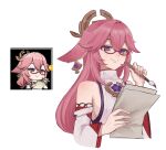  1girl animal_ears bangs bespectacled detached_sleeves earrings fox_ears genshin_impact glasses highres holding holding_paper japanese_clothes jewelry long_hair ma_y_yyyo miko multiple_views paintbrush paper pink_hair purple_eyes red-framed_eyewear reference_inset simple_background smile upper_body white_background wide_sleeves yae_miko 