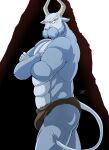  absurd_res anthro bihorn_(hunter_x_hunter) bovid bovine butt cattle chimera_ant clothed clothing feral fur hi_res horn hunter_x_hunter linorange0212 looking_at_viewer male mammal muscular muscular_anthro muscular_male mythology simple_background solo 