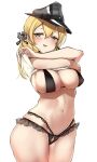  1girl anchor_hair_ornament arms_up bangs black_panties blonde_hair blush breasts chigasaki_yukari clothes_lift clothes_removed commentary_request green_eyes hair_between_eyes hair_ornament hat highres kantai_collection large_breasts long_hair looking_at_viewer military_hat navel open_mouth panties prinz_eugen_(kancolle) shirt_lift simple_background solo twintails underwear underwear_only white_background 