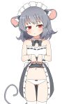  1girl alternate_costume animal_ears bangs blush bow bow_panties bowtie closed_mouth collar commentary cowboy_shot detached_collar dress enmaided flat_chest grey_bow grey_bowtie grey_dress grey_hair highres lifted_by_self looking_at_viewer maid maid_headdress mouse_ears mouse_girl mouse_tail navel nazrin nihohohi panties red_bow red_eyes short_hair simple_background solo strapless strapless_dress tail thighhighs touhou two-tone_dress underwear white_background white_collar white_dress white_legwear white_panties wrist_cuffs 