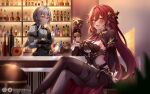  2girls :d ahoge alcohol artist_name bangs bartender blush bottle breasts chalice cleavage closed_mouth cup dress drinking_glass earrings eden_(honkai_impact) grey_hair grey_jacket holding_goblet honkai_(series) honkai_impact_3rd indoors jacket jewelry kagurinne long_hair long_sleeves looking_at_viewer multiple_girls open_mouth purple_dress purple_eyes purple_hair raven_(honkai_impact) short_hair sitting smile stool wine wine_bottle wine_glass yellow_eyes 