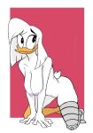  anatid anseriform anthro aptom7747 avian beak bird breasts della_duck disney duck ducktales ducktales_(2017) feathers female fluffy fluffy_tail fur hi_res nipples prosthetic prosthetic_leg prosthetic_limb simple_background smile solo white_body white_feathers white_fur 