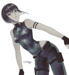  1girl artist_name bangs black_gloves black_hair black_leotard black_pants breasts cntbgr covered_navel cowboy_shot fingerless_gloves ghost_in_the_shell ghost_in_the_shell:_sac_2045 gloves grey_eyes highleg highleg_leotard highres kusanagi_motoko leotard medium_breasts pants short_hair simple_background sleeveless solo white_background 