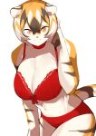  absurd_res anthro arknights bent_over big_breasts bow_(feature) bra breasts cleavage clothed clothing digital_media_(artwork) felid female fingers fur hair hand_on_head hi_res hypergryph looking_at_viewer mammal midriff multicolored_body multicolored_fur mx99926 navel pantherine panties pawpads simple_background smile solo studio_montagne tiger underwear video_games waaifu_(arknights) white_background white_body white_fur yellow_eyes 