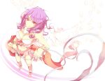  1girl bangle bangs barefoot bikini bow bracelet breasts cleavage closed_mouth commentary english_commentary eyebrows_visible_through_hair feathered_wings from_above full_body holding holding_whip jewelry large_bow long_hair looking_at_viewer medium_breasts midriff mismatched_bikini navel pink_eyes purple_hair ragnarok_online red_bikini red_bow smile solo swimsuit tenmuki wanderer_(ragnarok_online) white_bikini white_wings wings 