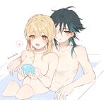  1boy 1girl azna bangs bathing bathtub black_hair blonde_hair blush breasts completely_nude facial_mark forehead_mark genshin_impact green_hair hair_between_eyes heart hetero highres holding lumine_(genshin_impact) medium_breasts nude orange_eyes parted_lips short_hair_with_long_locks simple_background sitting slime_(substance) spoken_heart twitter_username water wet wet_hair white_background xiao_(genshin_impact) 