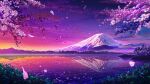  branch cherry_blossoms cloud colorful gradient_sky highres lake landscape monorisu mount_fuji mountain mountainous_horizon nature no_humans original outdoors petals pink_sky purple_sky reflection reflective_water ripples scenery sky sunset tree water 