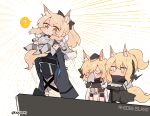  1other 3girls ? ambiguous_gender animal_ear_fluff animal_ears arknights armor aunt_and_niece black_bow black_jacket blemishine_(arknights) blonde_hair bow chibi closed_eyes doctor_(arknights) earpiece emphasis_lines extra_ears eyebrows_visible_through_hair hair_between_eyes hair_bow handkerchief helmet highres holding_person hood hood_up horse_ears horse_girl horse_tail implied_extra_ears jacket jitome knight kyou_039 long_hair mask multiple_girls nearl_(arknights) open_clothes open_jacket parody plate_armor ponytail scene_reference shirt siblings sisters spoken_question_mark standing tail the_lion_king thick_eyebrows twitter_username whislash_(arknights) white_background white_shirt wiping_face yellow_eyes 