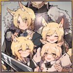  2boys 3girls :d ^_^ absurdres alternate_costume animal_ears arknights ascot aunt_and_niece bangs beard black_bow black_bowtie black_shirt black_vest blemishine_(arknights) blonde_hair blush bow bowtie braid closed_eyes closed_mouth dress extra_ears facial_hair family family_portrait fang fur-trimmed_armor grandfather_and_granddaughter grandfather_and_grandson grey_background hand_on_another&#039;s_shoulder hands_up happy head_out_of_frame highres holding holding_sword holding_weapon horse_boy horse_ears horse_girl kyou_039 long_sleeves looking_at_viewer low_ponytail mlynar_(arknights) multiple_boys multiple_girls nearl_(arknights) open_mouth parted_bangs shirt short_hair siblings simple_background sisters skin_fang sleeves_past_fingers sleeves_past_wrists smile sword twitter_username uncle_and_niece vest weapon whislash_(arknights) white_dress yellow_eyes younger 