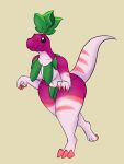  anthro beady_eyes big_breasts black_eyes breasts carboncopy612 claws clothed clothing dinosaur dromaeosaurid electronic_arts elemental_creature female flora_fauna food food_creature grass_skirt hi_res leaf leaf_clothing leaf_skirt leaf_tail markings pink_claws pink_stripes plant plants_vs._zombies popcap_games purple_body radish reptile scalie sharp_claws sharp_teeth simple_background solo striped_markings stripes tan_background teeth theropod thick_thighs vegetable veloci-radish_(pvz) velociraptor video_games white_body wide_hips 