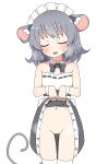  1girl alternate_costume animal_ears ass_visible_through_thighs bangs blush bow bowtie breath closed_eyes collar commentary cowboy_shot detached_collar dress enmaided flat_chest grey_bow grey_bowtie grey_dress grey_hair highres lifted_by_self maid maid_headdress mouse_ears mouse_girl mouse_tail navel nazrin nihohohi pussy pussy_juice short_hair simple_background solo strapless strapless_dress tail thighhighs touhou two-tone_dress white_background white_collar white_dress white_legwear wrist_cuffs 
