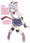  1girl animal_ear_headwear bandaid bandaid_on_arm bangs blue_skirt blush breasts cevio character_name dated elbow_pads full_body gloves grey_hair happy_birthday helmet highres hockey_stick holding_hockey_stick knee_pads koharu_rikka looking_at_viewer miniskirt open_mouth purple_eyes roller_skates shirt shirt_tucked_in short_hair simple_background skates skirt sleeves_rolled_up small_breasts solo standing synthesizer_v teshima_nari white_background white_shirt 
