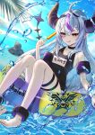  1girl :q ahoge anklet bangs bare_legs bare_shoulders barefoot black_choker black_swimsuit braid choker crow_(la+_darknesss) day demon_horns food grey_hair hair_between_eyes highres holding holding_food hololive horns inari_(ambercrown) inflatable_armbands innertube jewelry la+_darknesss long_hair looking_at_viewer multicolored_hair one-piece_swimsuit outdoors pointy_ears popsicle purple_hair sitting solo streaked_hair swimsuit thigh_strap tongue tongue_out very_long_hair virtual_youtuber water yellow_eyes 