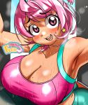  1girl absurdres ahoge armpits bangs blush breasts cleavage collarbone dripping earrings eyebrows_visible_through_hair head_tilt highres jewelry large_breasts lips looking_at_viewer messy_hair midriff_peek nervous_smile original outstretched_arms pink_eyes pink_hair sasa_tseng smile sports_bra sportswear star_(symbol) star_earrings steam sweat sweating_profusely sweaty_clothes wet wet_clothes 